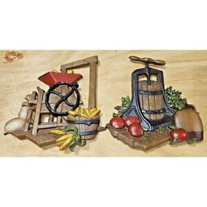 VTG 1978 HOMCO 8x6 SET COLORFUL METAL WALL PLAQUES APPLE PRESS & CORN SHELLER